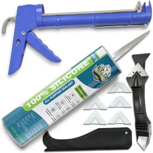 White Silicone Sealant + Caulk Gun + Caulking Tool Kit - All-Purpose 100% Silicone Caulk (10 oz Tube), with No-Drip Gun, 3-in-1 Scraper/Smoothing Tool, Multi-Use Handheld Finishing and Scraping Tool-0