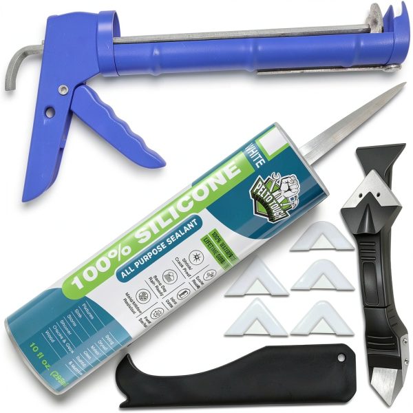 White Silicone Sealant + Caulk Gun + Caulking Tool Kit - All-Purpose 100% Silicone Caulk (10 oz Tube), with No-Drip Gun, 3-in-1 Scraper/Smoothing Tool, Multi-Use Handheld Finishing and Scraping Tool-0