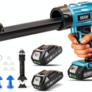 SEESII Cordless Caulking Gun, 21V Battery Powered Caulk Gun, Electric Caulking Gun w/2 x 2.0Ah Batteries, 9Pcs Caulk Remover Tool, LED Light, Auto Retract for Filling, Sealing (Blue)-0