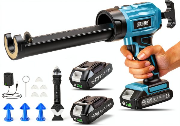 SEESII Cordless Caulking Gun, 21V Battery Powered Caulk Gun, Electric Caulking Gun w/2 x 2.0Ah Batteries, 9Pcs Caulk Remover Tool, LED Light, Auto Retract for Filling, Sealing (Blue)-0